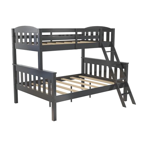 DHP Airlie Convertible Wood Bunk Bed Twin Over Full Size, Stackable and Detachable Bed Frames for Kids, Teens, Angled Ladder, High Guardrail, Wood Slats, No Boxspring Required, Grey DHP