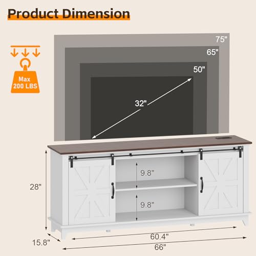 Garvee Home Farmhouse TV Stand for 75 in Television, Wood Entertainment Center with Storage & Barn Doors, Adjustable Shelf Media TV Console Table Cabinet for Living Room, 66 in Large, White Garvee