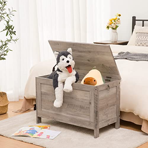 HOOBRO Toy Box, Retro Wooden Look Storage Chest with Safety Hinge, Entryway Storage Bench Supports 220 lb, 29.9 x 15.7 x 18.9 Inches Toy Chest Organizer, Easy Assembly (Greige) BG75CW01G1 HOOBRO