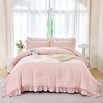 ANGIYUIN Blush Pink Comforter Sets Twin Size 5 Pieces Ruffle Bed in A Bag Farmhouse Bedding Sets Solid Color Soft Fluffy Bed Sets for Kids Girls(Blush Pink Twin)