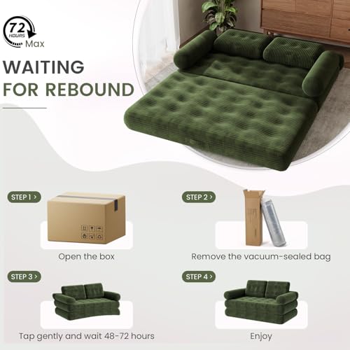 DSNAPE 59" Convertible Sofa Bed, 5-in-1 Folding Loveseat Sleeper Chair with Pillows Removable Armrests, Fold Out Boneless Couch Futon Floor Mattress Lounge for Apartment Dorm Living Room - Green, Full DSNAPE