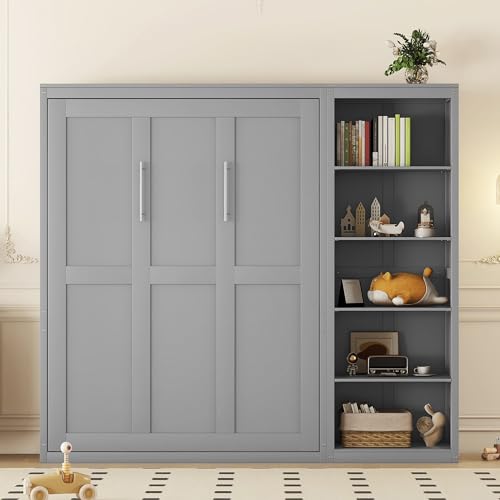 MERITLINE Queen Murphy Bed with Storage Bookcase Shelves,Wood Folding Grey Murphy Wall Bed Cabinet MERITLINE