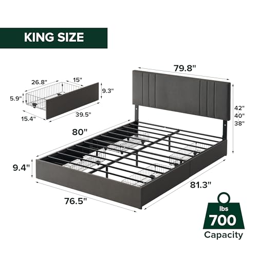 Zinus Billie Platform Bed Frame, Four Underbed Storage Drawers, Height Adjustable Headboard, Upholstered Style, King Zinus