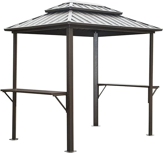 Domi 8'x6' Grill Gazebo Hardtop Aluminum BBQ Gazebo with Bar Shelves and Ceiling Hooks, Double Metal Roof Outdoor Gazebos for Patio Lawn Garden Deck (Dark Brown) domi outdoor living