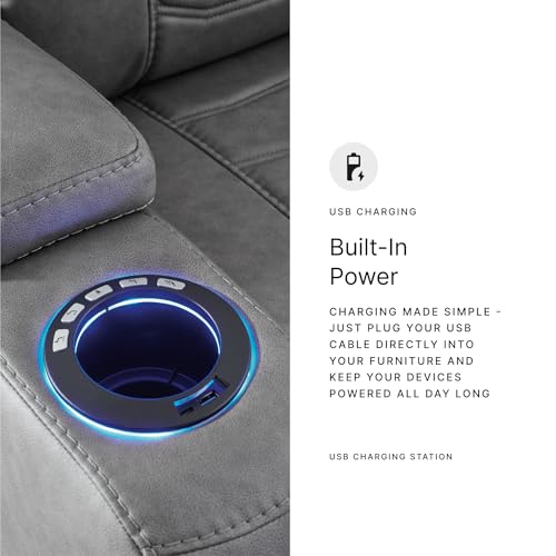 Signature Design by Ashley Schooner Rocks Power Recliner Chair, Faux Leather Upholstery with Adjustable Headrest, LED Cup Holders and Extended Ottoman for Home Theater Comfort