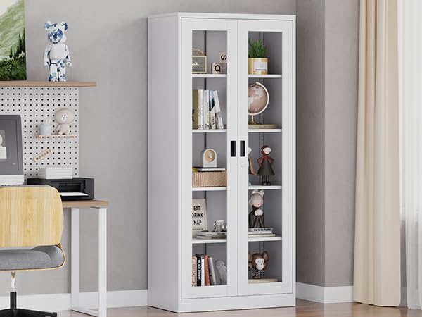 AFAIF 71" Curio Cabinet Glass Display Cabinet with 4 Adjustable Shelves, Tall Bookshelf Bookcase with Glass Doors, Lockable Metal Storage Cabinet Modern Liquor Cabinet for Home Pantry Kitchen AFAIF