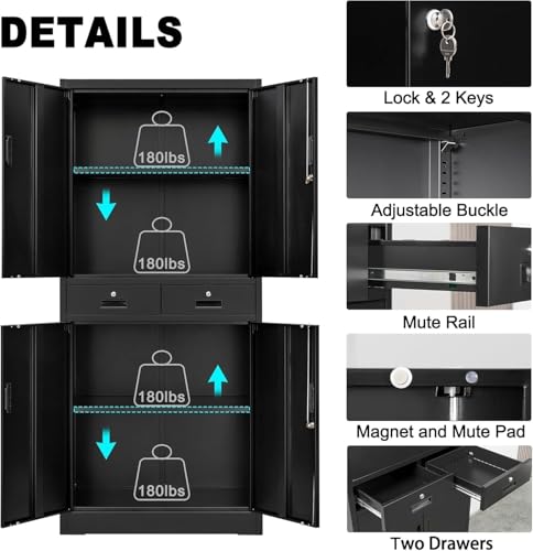 GarveeHome Garage Storage Cabinet, 73'' Metal Storage Cabinet with Wheels and Adjustable Shelves, Heavy Duty Storage Cabinet with Locking Doors and 2 Drawers for Office and Garage, Black GarveeHome
