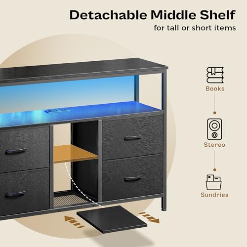 Huuger TV Stand Dresser with Power Outlets and LED Lights, 4 Drawers Entertainment Center with Open Shelf, Media Console for 50 43 Inch TV, Dresser with PU Finish, Black Huuger