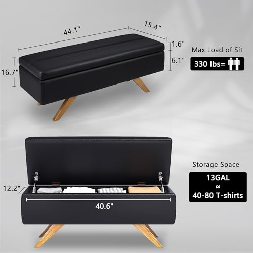 VECELO 44.1" Ottoman with Storage, Storage Ottoman Bench with 2 Gas Spring Lid Supports, PU Leather Upholstery, Solid Wood Legs, Black Shoe Bench for Bedroom, Living Room, Entryway VECELO
