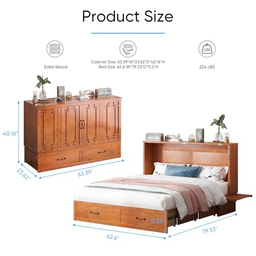 Mjkone Murphy Bed Queen Size, Cabinet Beds with Mattress, Adult Guest Bed with 2 Large Drawer and USB Port & Bedside Panel, Multifunctional Murphy Cabinet Beds for Bedroom/Living Room - Cherry Mjkone