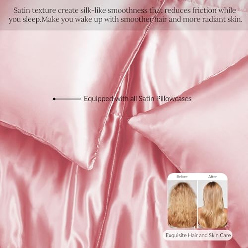 Whale Flotilla 3-Piece Reversible Silky Soft Queen Comforter Bedding Set, Luxurious Satin Comforters Full Size with 2 Satin Pillowcases, Lightweight Duvet for All Seasons, Pink Whale Flotilla