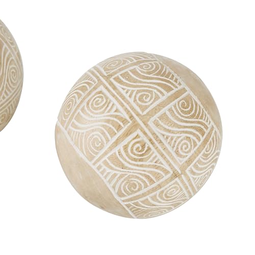 Deco 79 Mango Wood Handmade Decorative Ball Orbs & Vase Filler with Carved Tribal Patterns, Set of 2 5", 4" W, Cream Deco 79