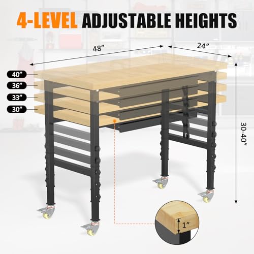 Granper 48" Work Bench with Drawers, Portable Workbench with Wheels and Power Outlets, Heavy-Duty 3000 LBS Capacity Wood Work Table for Garage, Workshop, Office, Home Granper