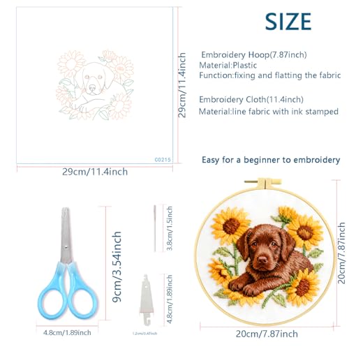 Zhenqing Labrador Embroidery Kit for Beginners, Pre-Printed 29x29cm Circular Cotton Fabric with 20cm Hoop, Cute Dog with Sunflowers Design for Home Decor (C0215)