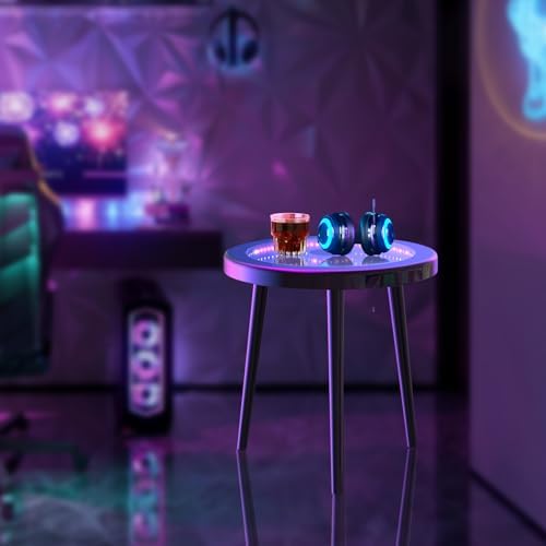 RATTENMO Small Circle Coffee Table -19.7 * 19.7 * 19.5In Nightstand Modern Center Table for Living Room,Tempered Glass Surface with RGB LED Lighting, Smart Control, Office and Bedroom - Black RATTENMO