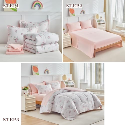 Joyreap 6pcs Bed in a Bag for Girls, Floral Pink Design, Twin Size Microfiber Comforter Sheet Set, Soft Cozy Bedding Comforter Set for All Season Joyreap