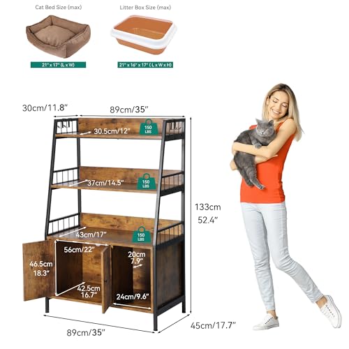YITAHOME Cat Litter Box Enclosure with Shelves Storage, Indoor Large Litter Box Furniture Wooden Hidden Cat Cabinet Washroom Corner, Rustic Brown YITAHOME