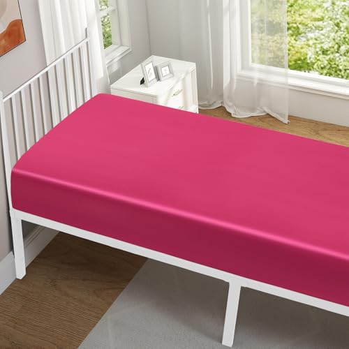 VACVELT Cot Fitted Sheet, 31 x 75 Inch Hot Pink Cot Sheets, Ultra Soft and Breathable Satin Bed Cover Snug Fit for Narrow Twin/RV Bunk/Camper Bunk/Guest Beds/Trifold Mattress VACVELT