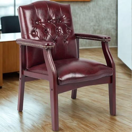 Oakestry Ivy League Set of 2 Executive Guest Chair in Burgundy Vinyl Wood Frame Office Visitor Dual Chair with Mahogany Finish Comfortable Reception Seating for Office or Waiting Room Oakestry