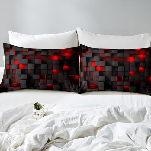 Feelyou Red and Black Bedding Set Queen Size Light Geometric Comforter Set for Kids Boys Girls Decor Comforter Modern Duvet Set Feelyou