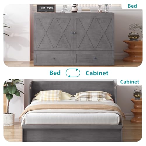 BALUS Murphy Bed, Cabinet Bed Queen with Tri-Folding Memory Foam Mattress & USB Charging Station, Farmhouse Murphy Beds Cabinet with Large Storage Drawers for Home/Guest Room/Bedroom, Gray