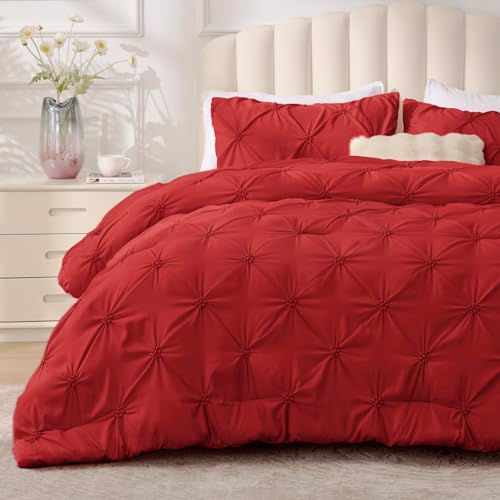 BEDELITE Red Queen Comforter Set - 3 Pieces Boho Pintuck Bedding Comforter Sets, Lightweight Soft & Warm Bed Comforter Queen with 2 Pillowcases for All Season BEDELITE