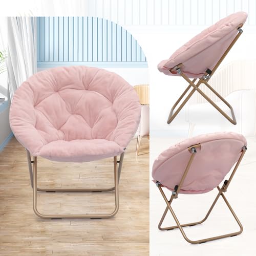 Athena Collection Comfy Saucer Chair Folding Cozy Chair for Bed Room Living Room Accent Chair Faux Fur Reading Chair Foldable Metal Frame Lazy Chair Moon Chair for Adult, Pink Athena Collection