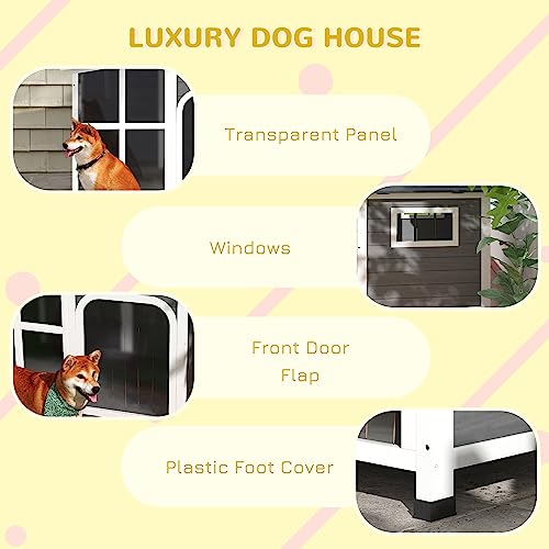 PawHut Cabin-Style Wooden Dog House for Large Dogs Outside with Openable Roof & Giant Window, Big Dog House Outdoor & Indoor, Asphalt Roof, Gray PawHut