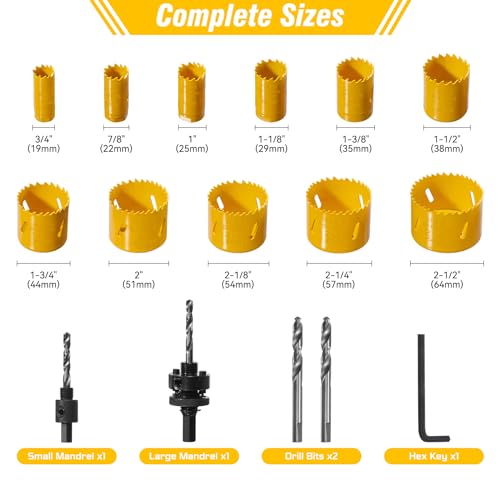 KATA Bi-Metal Hole Saw Kit, 18 Piece M42 High Speed Steel Hole Saw Set with 3/4" -2-1/2" (19-64mm) 11PCS Hole Saw Blades in Case with Mandrels, Drill KATA