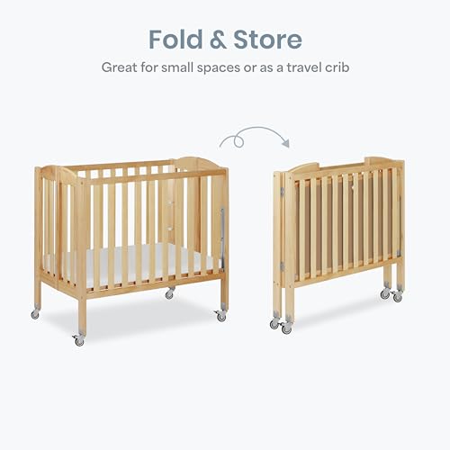 Dream On Me 3-in-1 Portable Folding Stationary Side Mini Baby Crib in Natural & Mattress, GreenGuard Gold & BSA, Use as Changer & Playpen, Locking Wheels, 3 Mattress Heights, Extra Firm Mattress