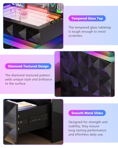 Dystler Night Stand with Charging Station and RGB Lights, LED Nightstand with Tempered Glass and Sliding Top, 3 Drawers Bedside Table with Hidden Storage, Lockable End Side Table for Bedroom, Black Dystler