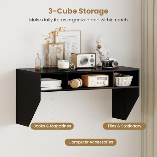 Giantex Wall-Mounted Computer Desk, Floating Laptop Desk with 3 Storage Compartments, Space-Saving Home Office Workstation Vanity Table for Bedroom, Study, Living Room (Black) Giantex