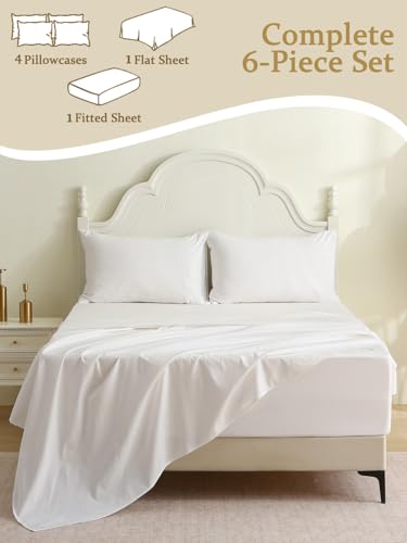 Bedecor Deep Pocket Full 100% Cotton Sheet Set for Hot Sleepers - Fits up to 24 Inch Extra Deep Mattress - 6 Piece Breathable Bedding Set with Fitted Sheet, Flat Sheet & Pillowcases White Bedecor