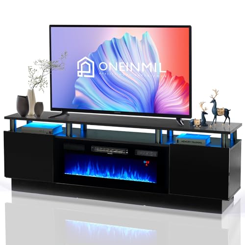 oneinmil 70" Modern Electric Fireplace TV Stand for TVs Up to 80 inch, with Electronic Flame and LED Lights, Luxury High Gloss Finish Entertainment Center, TV Console Cabinet for Living Room, Black oneinmil