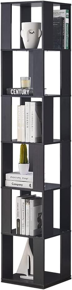 360° Rotating 6-Tier Corner Bookshelf by RVEE - Stylish Black Wooden Bookcase for Home Office and Living Room RVEE