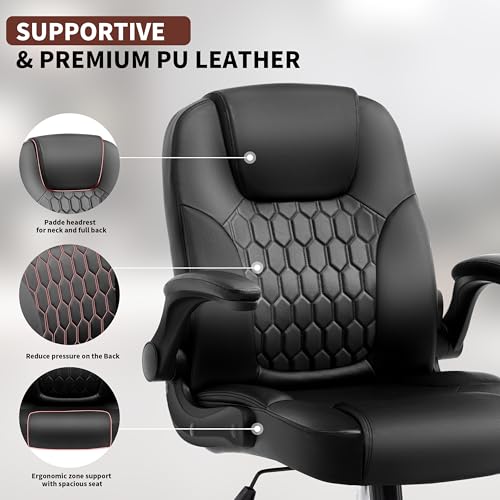 Nexthro Executive Office Chair PU,Leather Office Chair with Wheels,360° Swivel Rolling Chair with Padded Arms,Ergonomic Computer Chair with Lumbar Support for Short People Use(Black) Nexthro