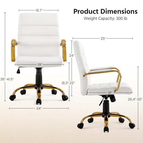 Yaheetech Mid-Back Office Chair PU Leather Desk Chair Adjustable Executive Task Chair w/Lumber Support Gold Leg White Seat Yaheetech
