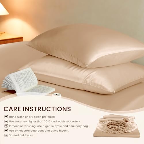 THXSILK Luxury Mulberry Silk Fitted Sheet Set 3 Pcs, King Silk Bed Sheet Set with 16" Deep Pockets, Soft & Cooling Sheets, 1 Fitted Sheet, 2 Pillowcases with Zipper Closure - Champagne THXSILK