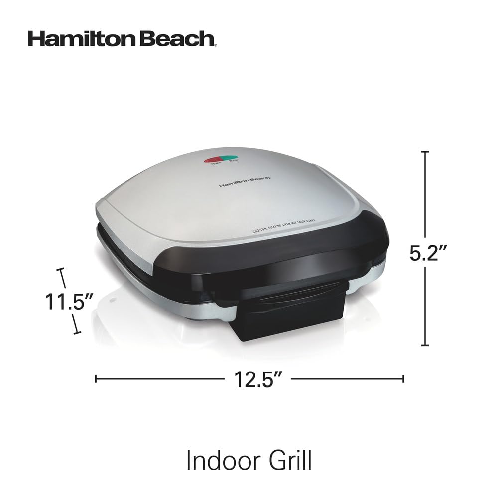 Hamilton Beach Electric Indoor Grill, 6-Serving, Large 90 sq. in. Nonstick Easy Clean Plates, Floating Hinge for Thicker Foods, 1200 Watts, 6.38"D x 12.68"W x 13.78"H , Silver (25371) Hamilton Beach