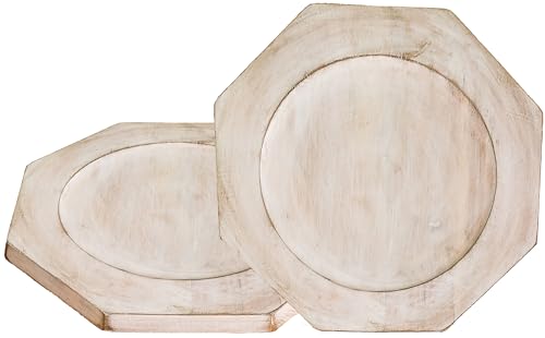 Alpha Living Home Acacia Wood Plates Set of 2 Round Wooden Dinner Plates, Charger Serving Tray Lightweight, Natural Dinnerware Dishes for Steak, Snack, Dessert, Cake, Housewarming - White Caramel Alpha Living Home