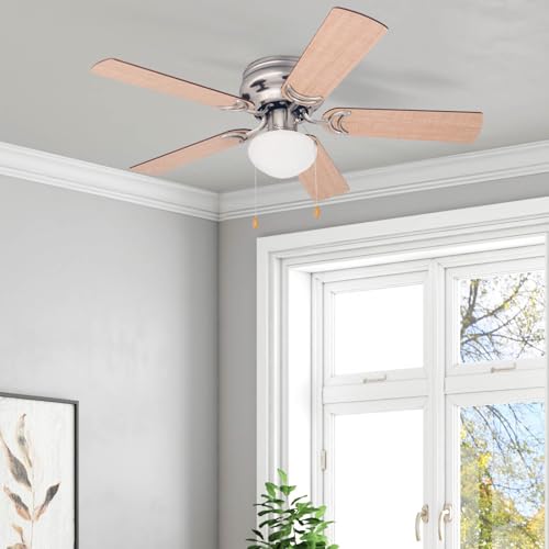 Prominence Home Alvina Traditional 42 Inch Ceiling Fan with Light, LED Flush Mount Ceiling Fan, Indoor Fan with 5 Blades, Walnut Brown and Maple Brown Blade Finish Options, Satin Nickel (80029-01) Prominence Home