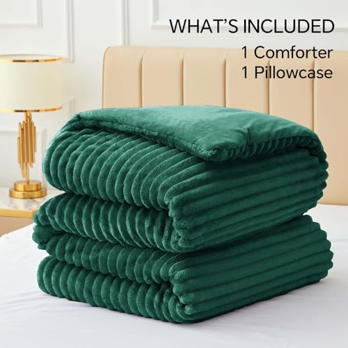 BEDELITE Fleece Twin Comforter Set -Super Soft & Warm Fluffy Dark Green Bedding, Luxury Fuzzy Heavy Bed Set for Winter with 1 Pillow case