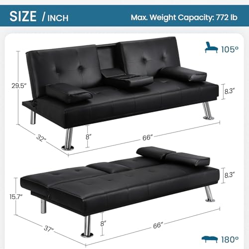 anwickjeff Convertible Folding Futon Sofa Bed with Metal Legs & 2 Cupholders, Modern New Upholstered Couch Loveseat Sleeper, Folding Couches Bed, Removable Armrests for Small Spaces (Black) anwickjeff
