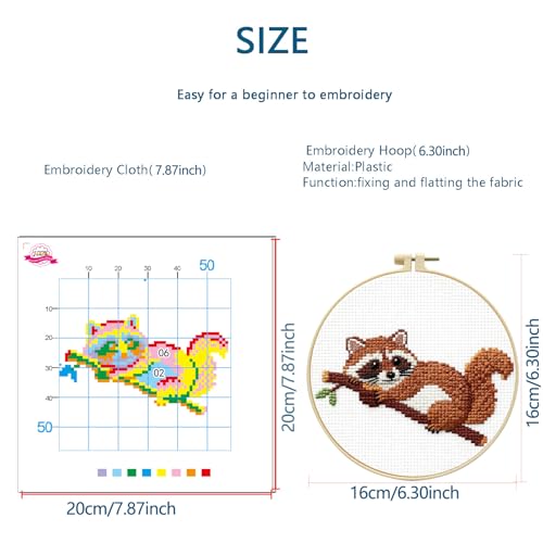 Zhenqing Raccoon Cross Stitch Kit for Beginners, 11CT Printed 20x20cm with 16cm Hoop, Cute Animal on Branch Embroidery Set (70740)