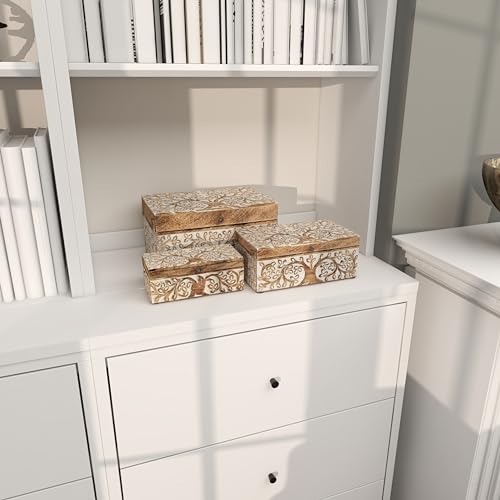 Deco 79 Mango Wood Floral Decorative Box Decorative Keepsake Boxes with Hinged Lid, Set of 3 Storage Boxes 8", 10", 12"W, Brown Deco 79