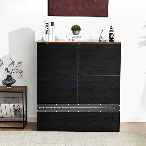 VINGLI Twin Size Murphy Bed with Storage Drawer,Smart LED Lighting & Built-in Charging Station, Space-Saving Cabinet Bed for Kids,Adults & Guests,Classic Black VINGLI