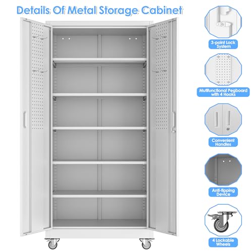 Aobabo Upgraded Garage Storage Cabinets with Wheels,Metal Storage Cabinets with 5 Adjustable Shelves for Garage Home Office Storage,White,71''H*34''W*18''D,Assembly Required Aobabo