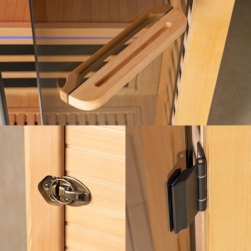 WOODBRIDGE Infrared Home Sauna Room 2 Person Hemlock Wooden Indoor Sauna,7 Carbon 1980W/120V Heaters,with Led Color Therapy Light,Bluetooth Speaker,Tempered Glass,Touch-Tone Keypad and A Top Vent WOODBRIDGE