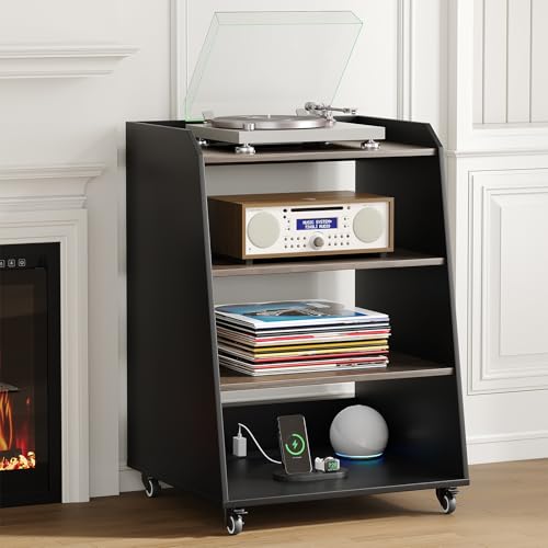 Rresyet 22.1" 4-Tier AV Media Stand with Wheels, Wooden Record Player Stand with LED Lights,Stereo Rack and Game Console Stand for Music Room, Living Room Rresyet