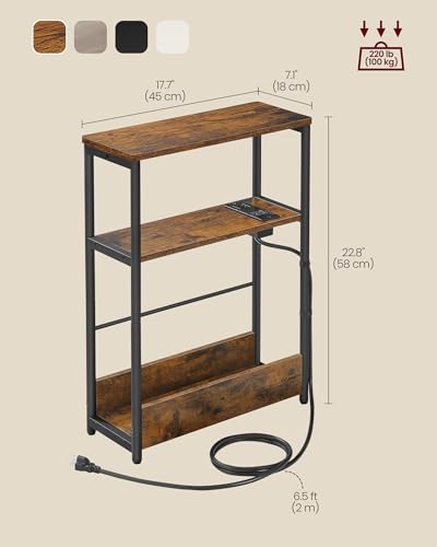 VASAGLE Side Table with Charging Station, Narrow End Table, 3-Tier Nightstand, Sofa Table for Small Spaces, Magazine Rack, for Living Room, Bedroom, Study, Rustic Brown and Ink Black ULET335K01 VASAGLE